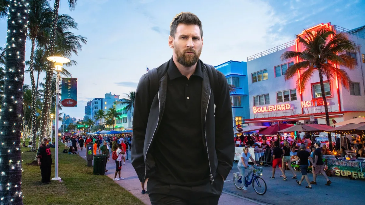 Lionel Messi in front of a backdrop of Miami