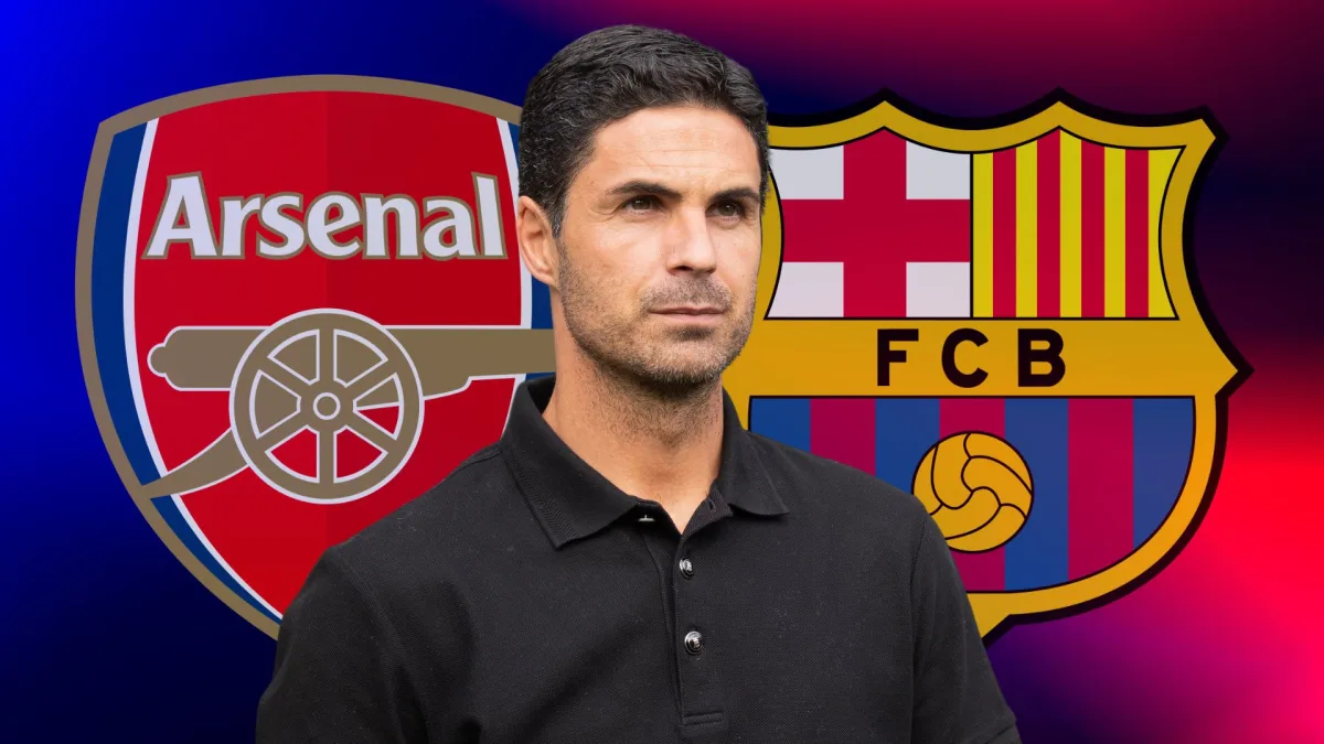 Mikel Arteta, the Arsenal and Barcelona badges on a blue and red abstract background