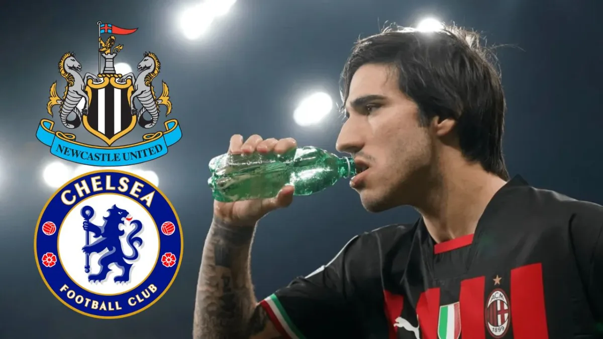 Sandro Tonali with Chelsea and Newcastle badges