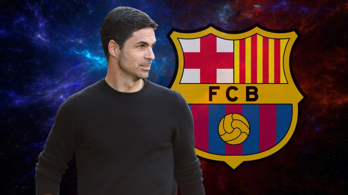 Mikel Arteta and the Barcelona badge on a blue and red abstract background
