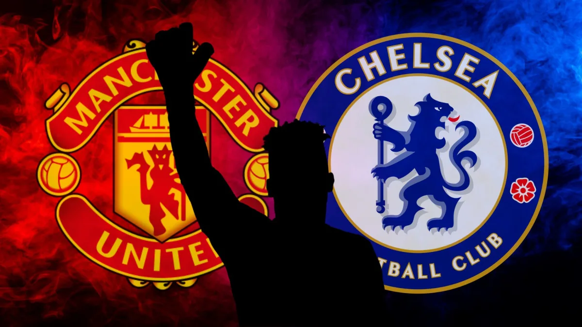 A black silhouette of Andre Onana in front of the Manchester United and Chelsea badges, set against an abstract red and blue background
