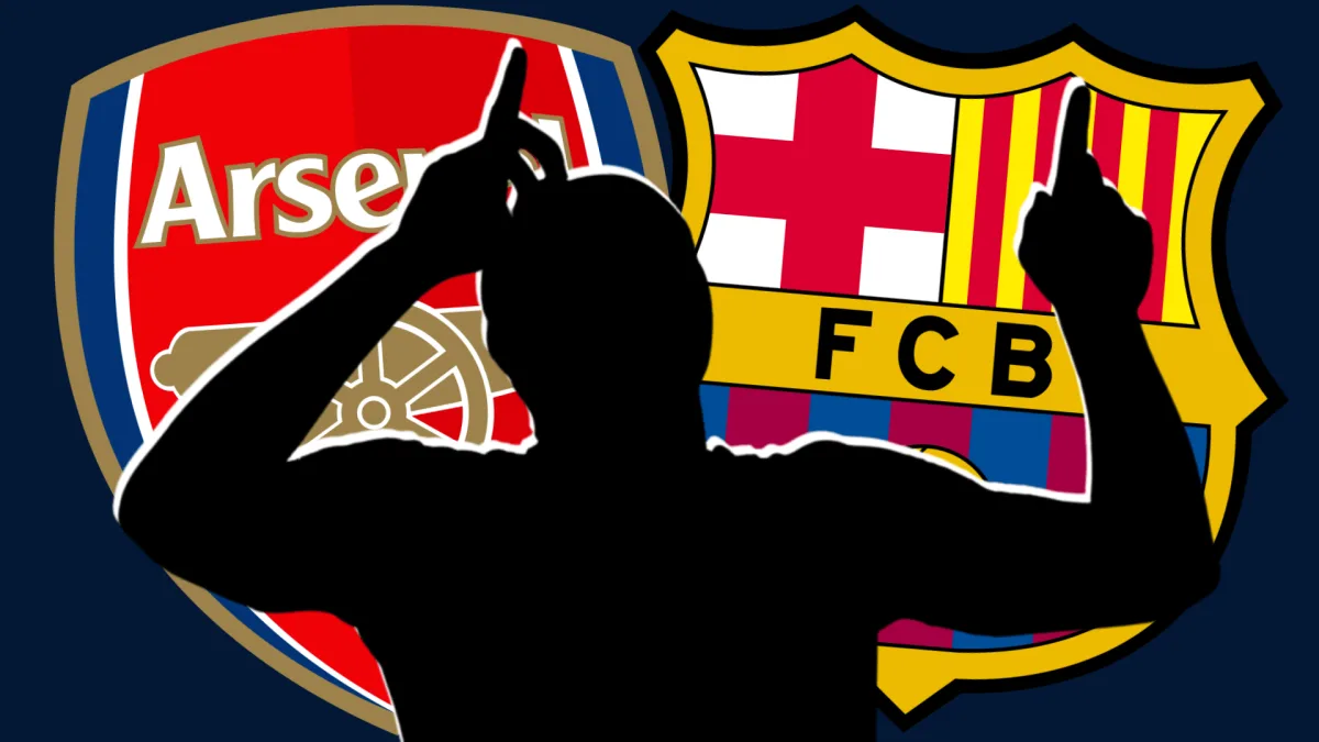 Vitor Roque's silhouette in front of Arsenal and Barcelona crests