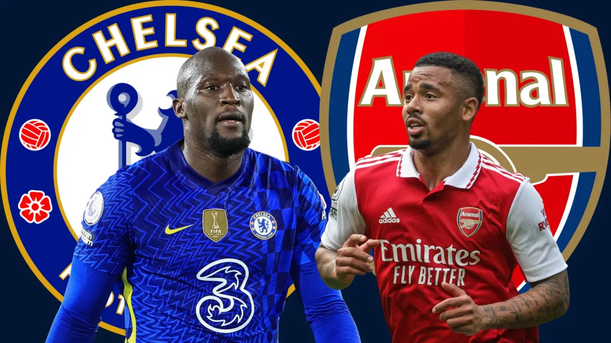 Romelu Lukaku and Gabriel Jesus in front of the Chelsea and Arsenal badges on a plain dark blue background