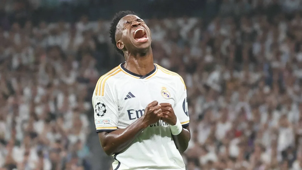 Vinicius Junior celebrates after Real Madrid beat Bayern Munich to reach the 2023/24 Champions League final