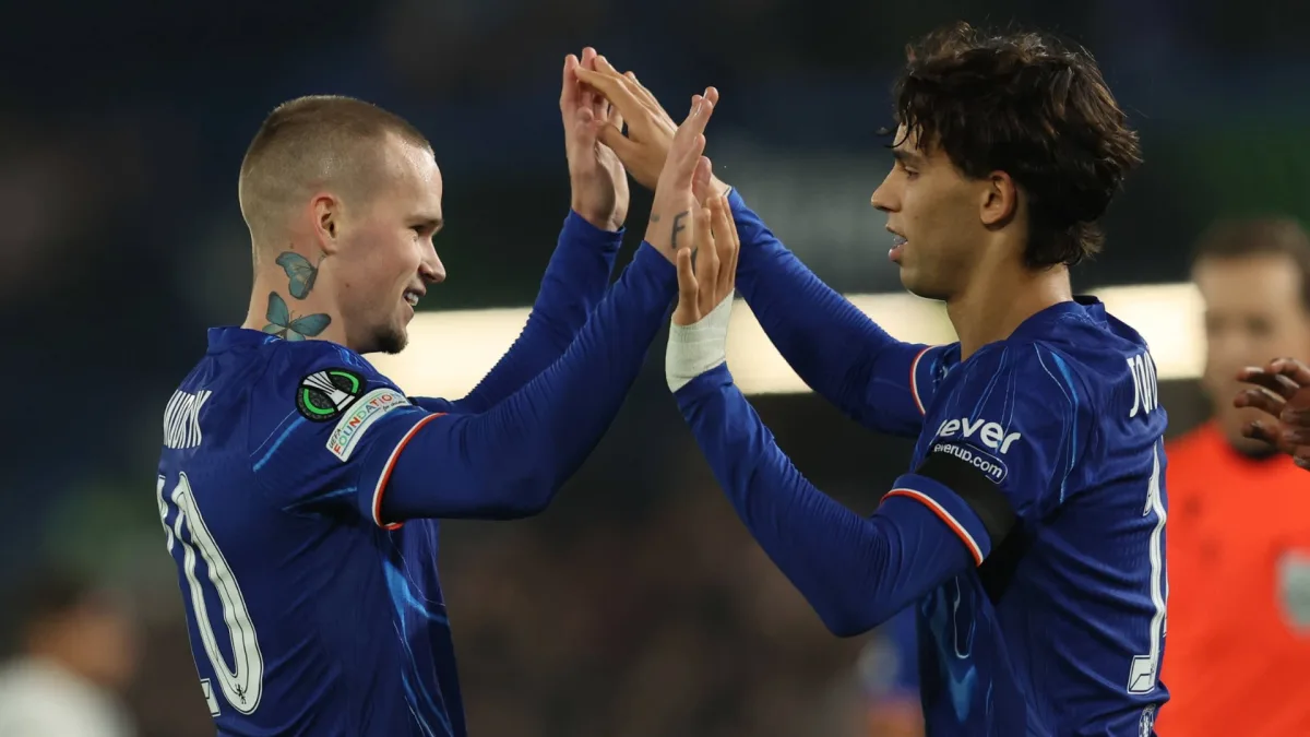 Chelsea's Mykhailo Mudryk and Joao Felix celebrate a Conference League goal against Noah