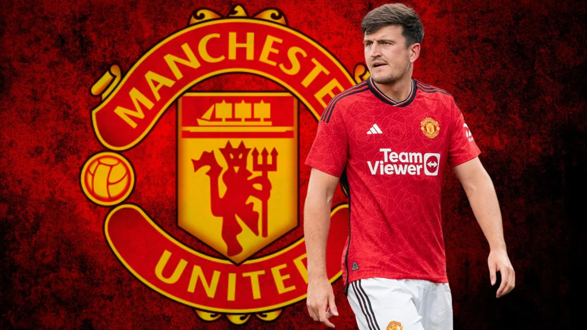 Harry Maguire and the Manchester United badge on a red and black abstract background