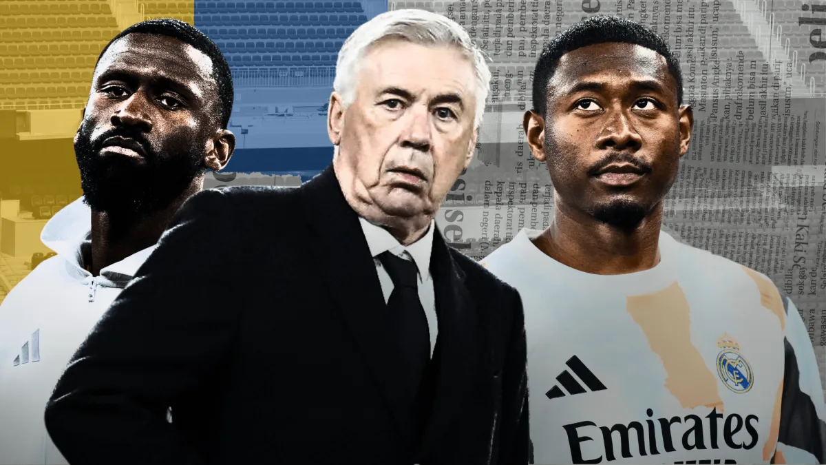 Carlo Ancelotti, Antonio Rudiger and David Alaba