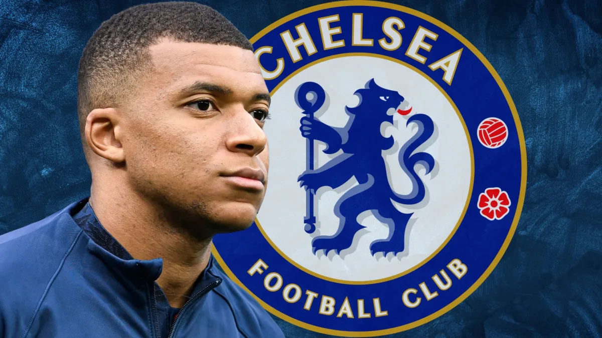 Kylian Mbappe and the Chelsea badge on a blue abstract background