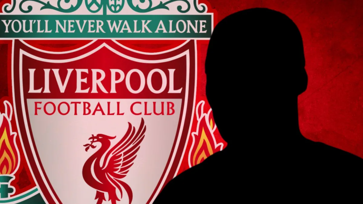 A silhouette of Moises Caicedo and the Liverpool badge on a red abstract background