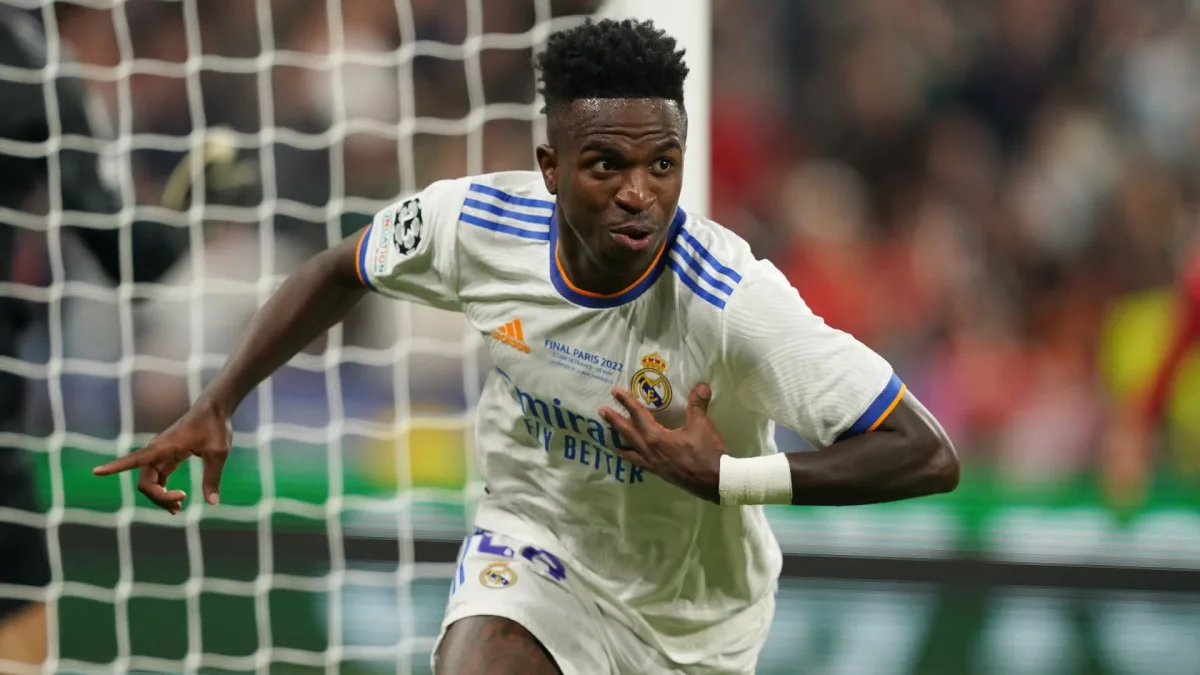 Vinicius Junior celebrates scoring the winning goal in the 2022 Champions League final