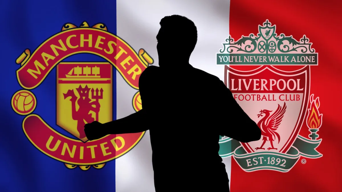 A silhouette of Bayern Munich defender Benjamin Pavard in front of the Manchester United and Liverpool badges, set against a background of the French flag