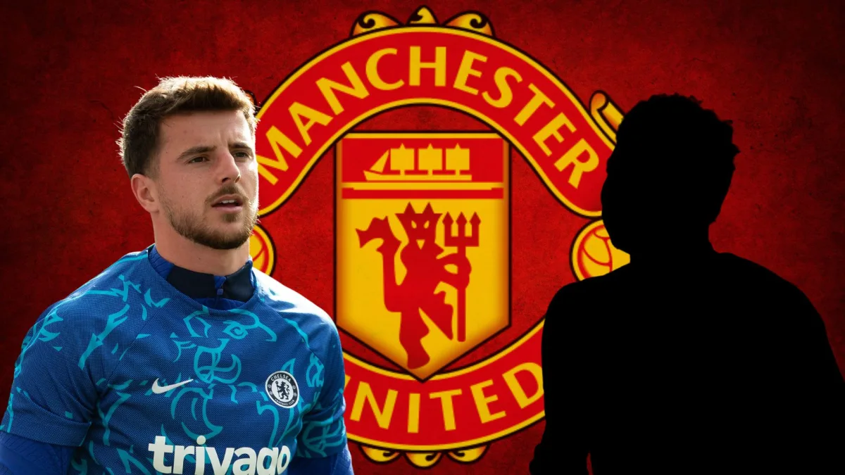 Mason Mount and a silhouette of Carlos Baleba either side of the Manchester United badge, set against a red abstract background
