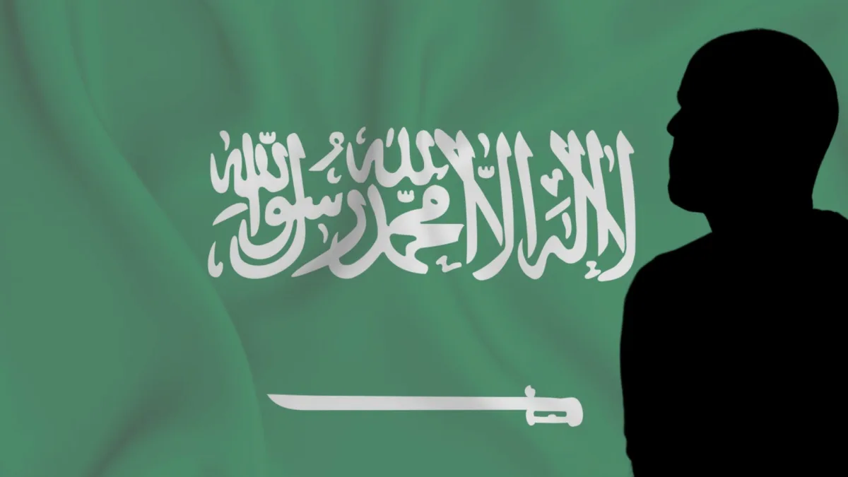 A silhouette of Antonio Mateu Lahoz with the Saudi Arabian flag