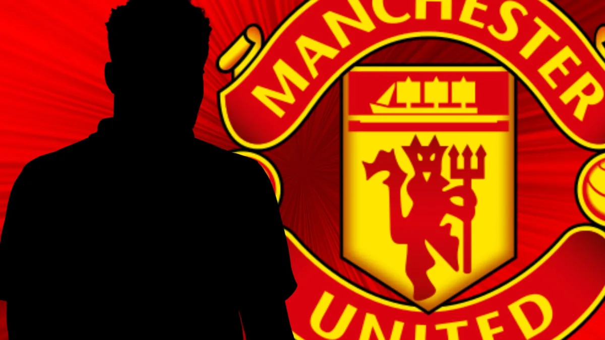 A silhouette of Thomas Partey, and the Manchester United badge on a red and black abstract background
