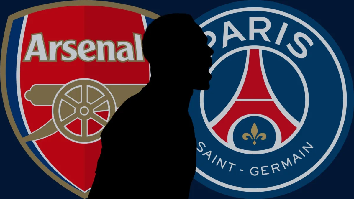 A silhouette of Arsenal defender Gabriel Maghalaes in front of the Arsenal and PSG badges, set against a plain dark blue background