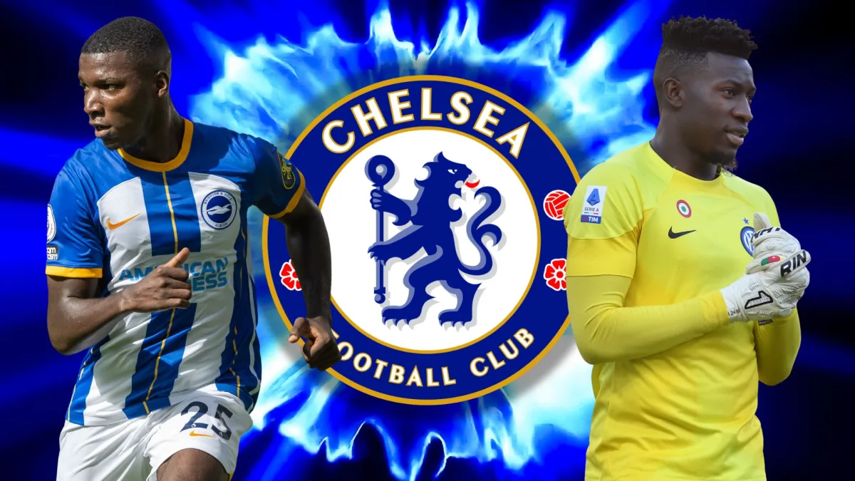 Moises Caicedo and Andre Onana in front of the Chelsea badge, set against an abstract blue and black background