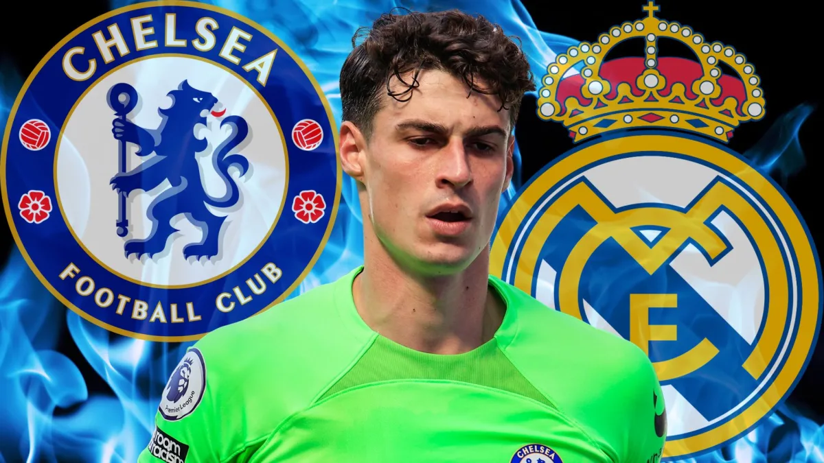 Kepa Arrizabalaga, the Chelsea and Real Madrid badges on a background of blue flames