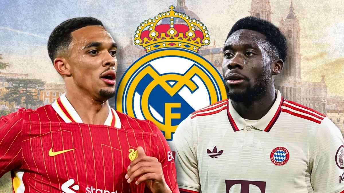 Trent Alexander-Arnold and Alphonso Davies with the Real Madrid badge