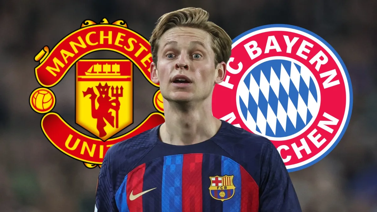 Frenkie de Jong of Barcelona in front of the Manchester United and Bayern Munich badges