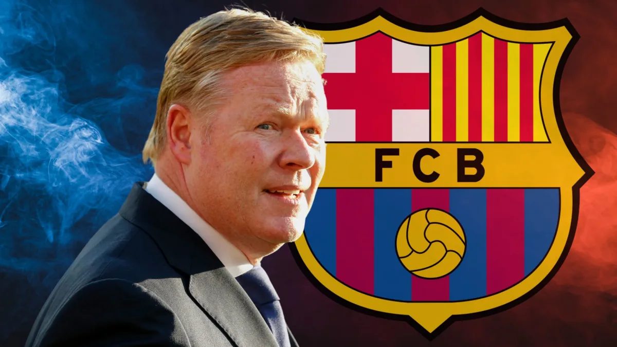 Ronald Koeman and the Barcelona badge on a blue and red smoky background