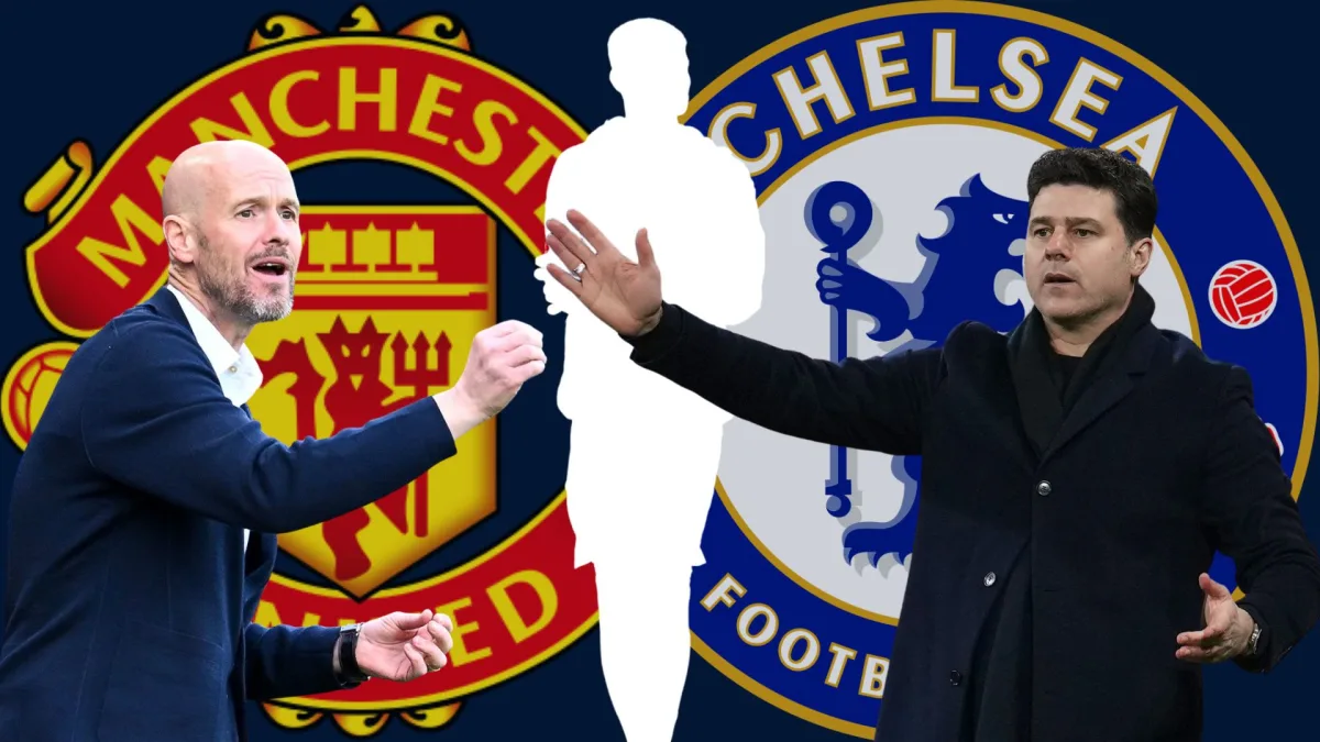 Erik ten Hag and Mauricio Pochettino with the Manchester United and Chelsea badges and a white silhouette of Illan Meslier, against a plan dark blue background