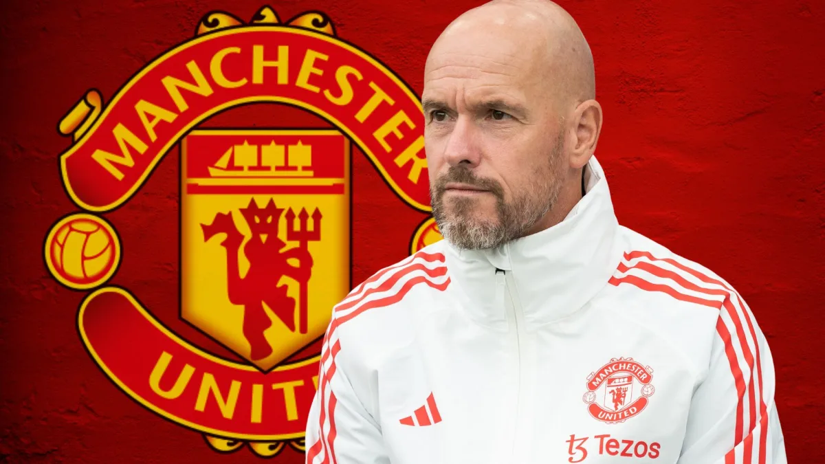 Erik ten Hag and the Manchester United badge on a red abstract background