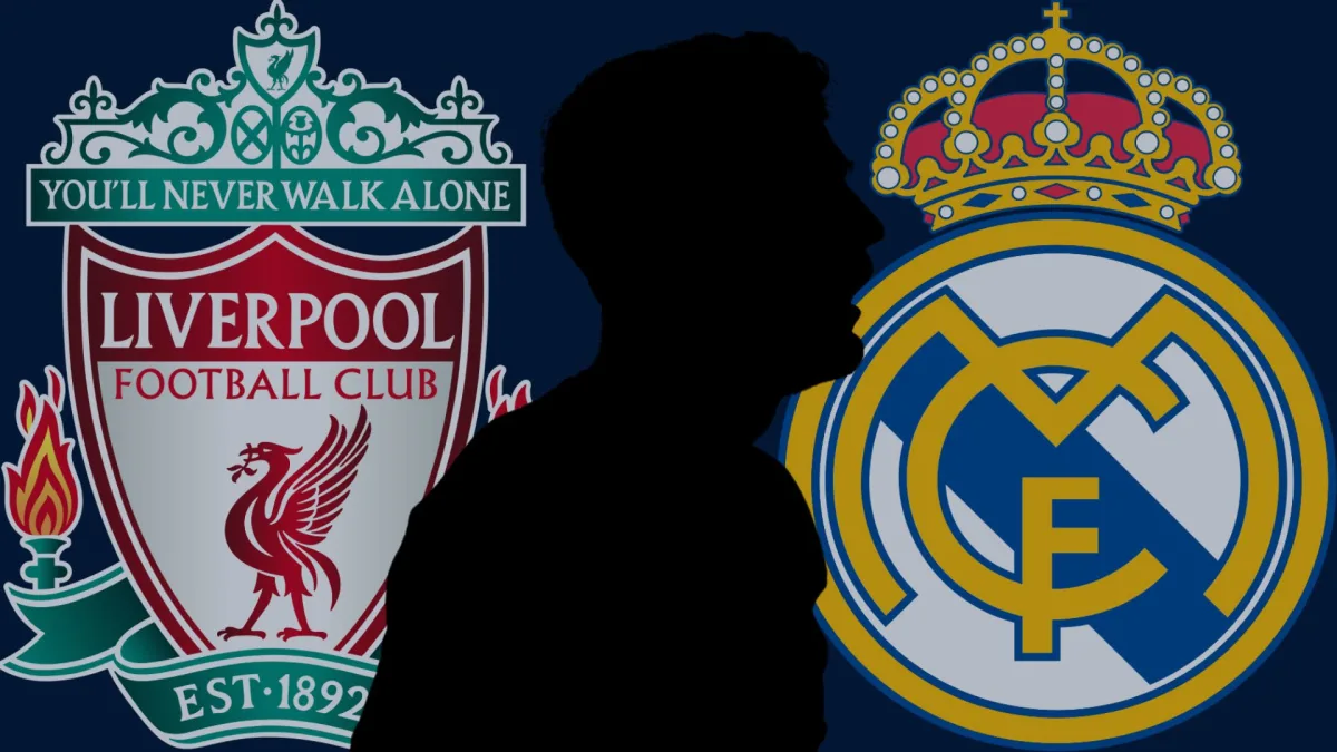 Silhouette of Andrew Robertson in front of the Liverpool and Real Madrid badges on a dark blue background