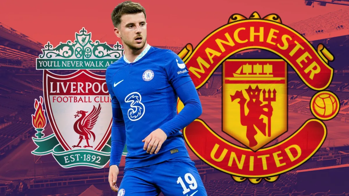 Chelsea's Mason Mount with the Manchester United and Liverpool badges, against a backdrop of Old Trafford in red