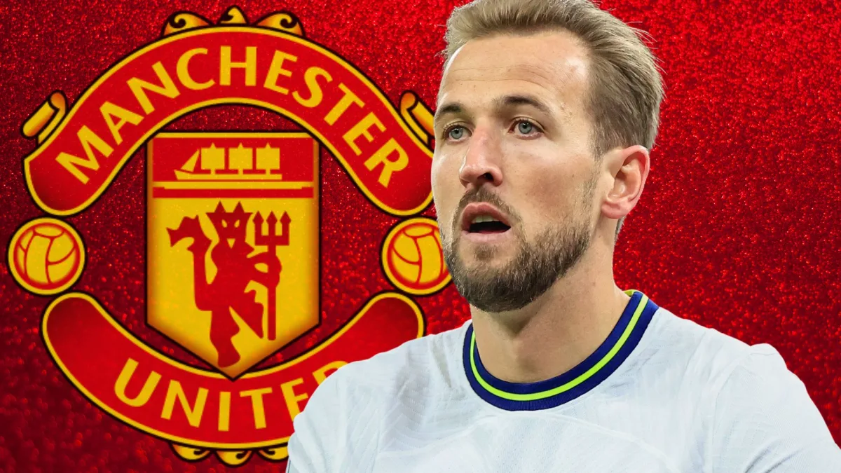 Harry Kane and the Manchester United badge on a red abstract background
