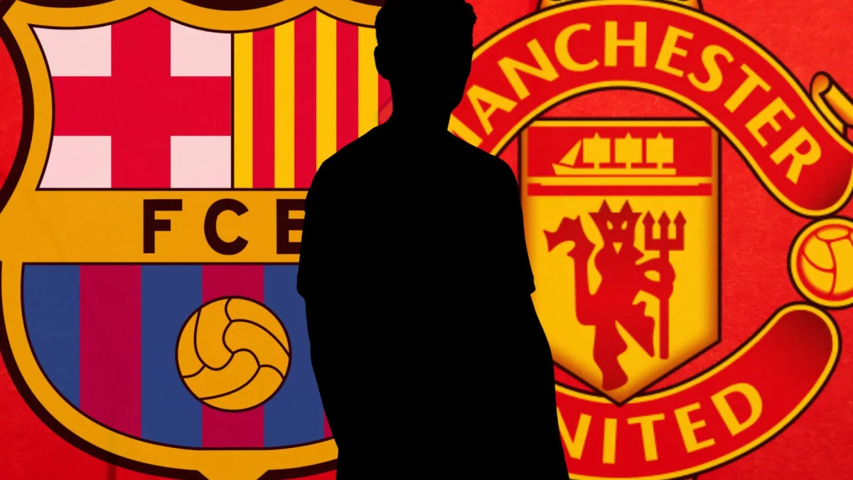 A silhouette of Frenkie de Jong in between the Barcelona and Manchester United badges, in front of a red abstract background