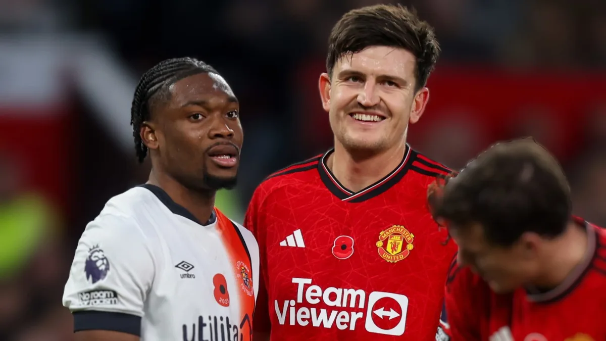 Harry Maguire playing for Man Utd against Luton in the Premier League