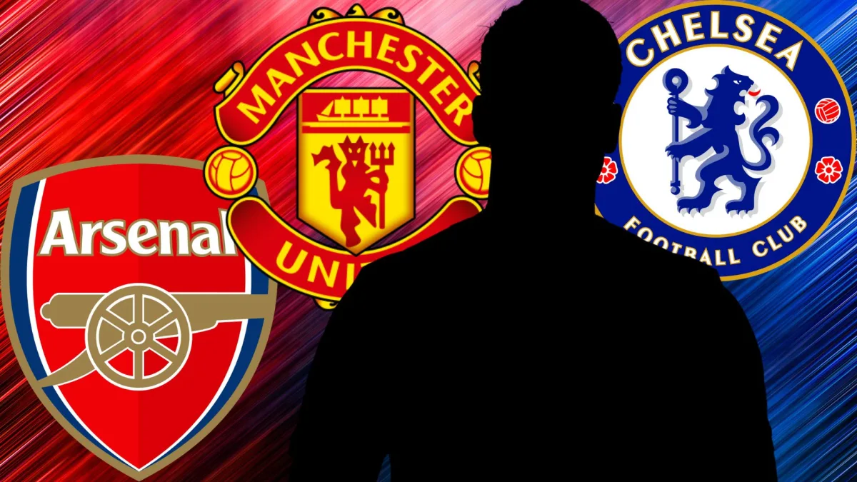 A silhouette of Dusan Vlahovic, and the Arsenal, Manchester United and Chelsea badges, on a red and blue abstract background