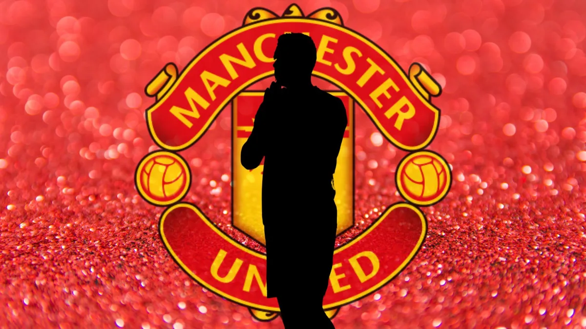 A black silhouette of Jack Butland in front of the Manchester United badge, set against a red abstract background