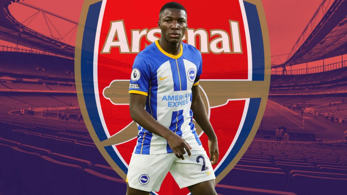 Moises Caicedo of Brighton in front of the Arsenal badge, set against a backdrop of a panorama of the Emirates Stadium in red