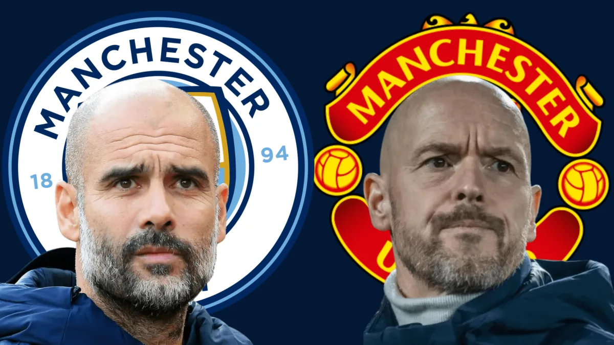 Pep Guardiola and Erik ten Hag in front of the Manchester City and Manchester United badges