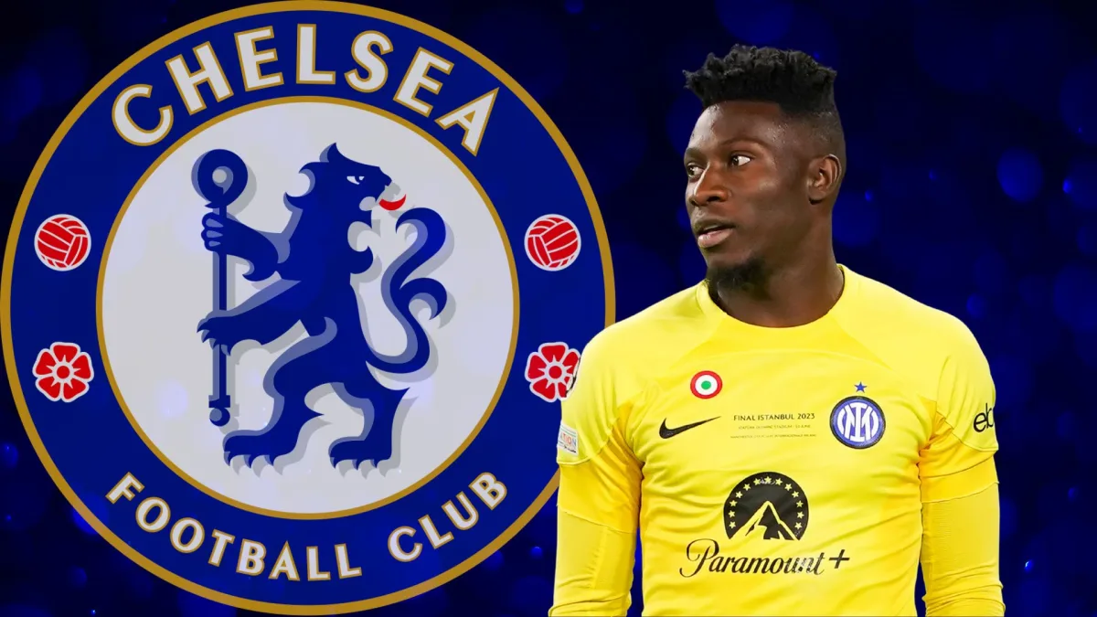 Andre Onana with the Chelsea badge, set against a blue abstract background