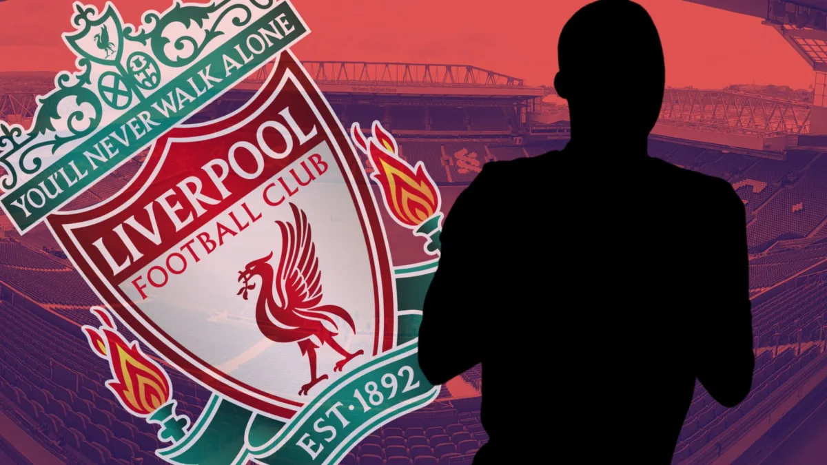 The Liverpool badge next to a white silhouette of Youri Tielemans, set against a backdrop of a panorama of Anfield in red