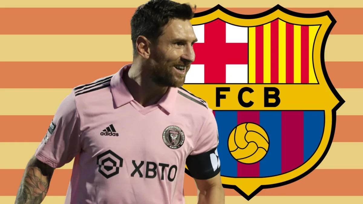 Lionel Messi and the Barcelona badge, on a background of a faded Catalan flag