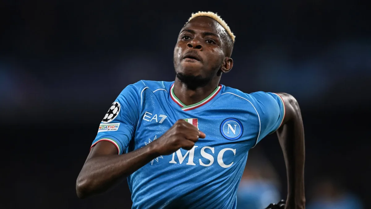 Victor Osimhen celebrates scoring for Napoli against Barcelona in the Champions League
