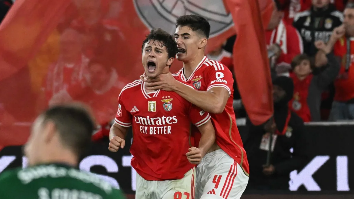 Benfica's Joao Neves celebrates a goal against Sporting Lisbon