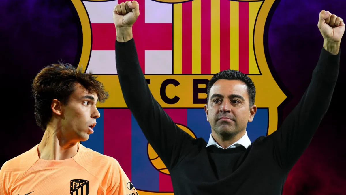 Xavi, Joao Felix and the Barcelona badge on a blue and red smoky background