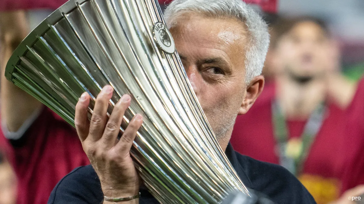 Jose Mourinho celebrates winning the Conference League with Roma