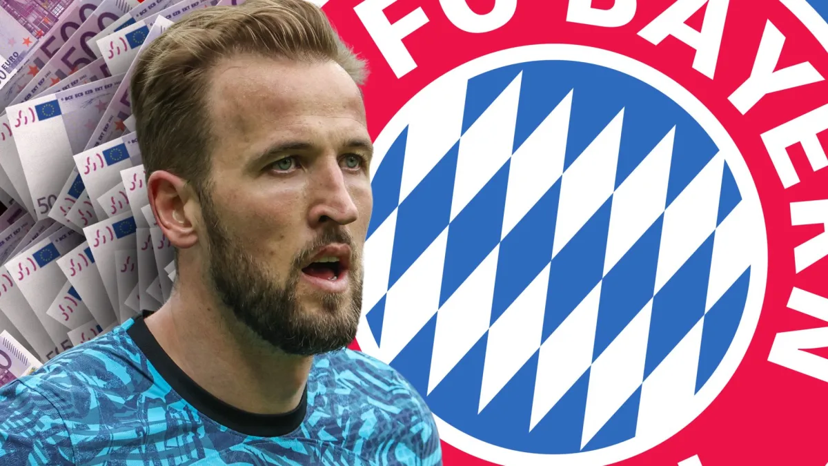 Harry Kane in front of a background of 500 euro notes and the Bayern Munich badge