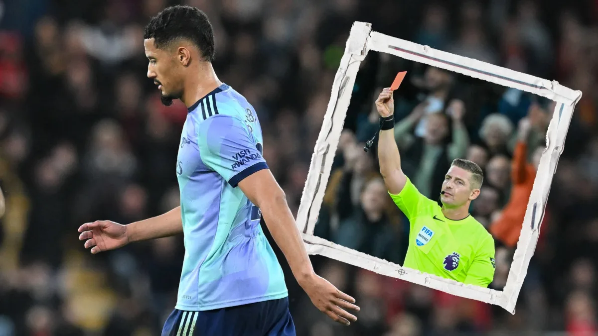 William Saliba is sent off during Arsenal's Premier League clash with Bournemouth by referee Rob Jones