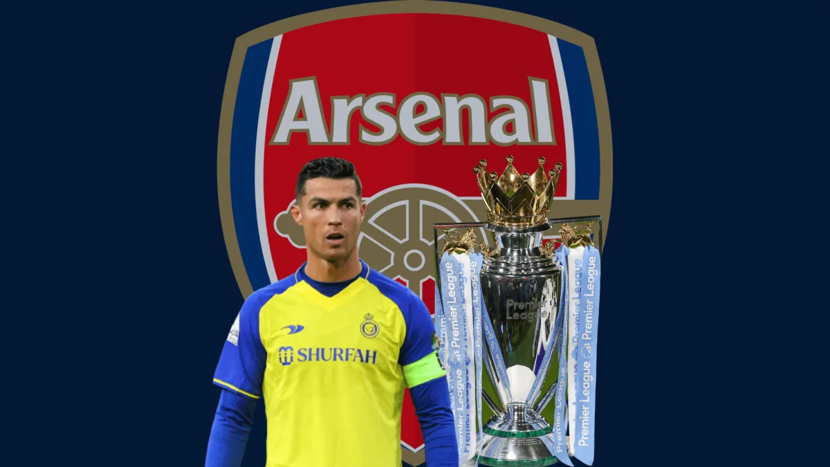 Cristiano Ronaldo and the Premier League trophy in front of the Arsenal badge