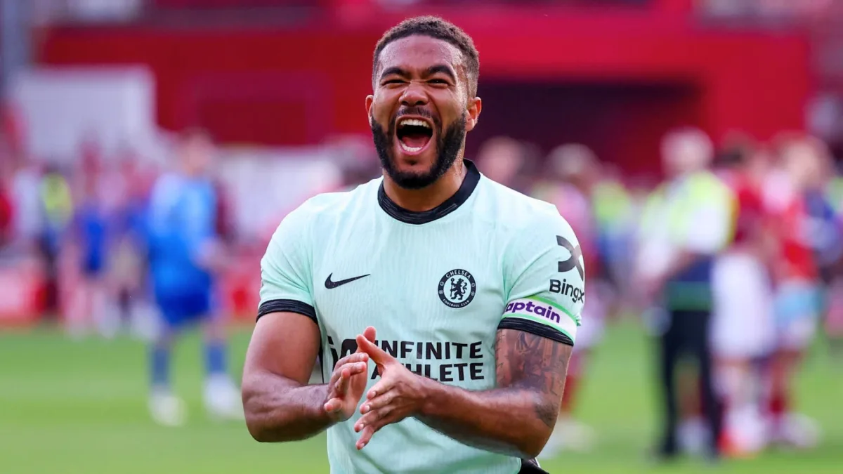 Reece James celebrates Chelsea's 3-2 Premier League win over Nottingham Forest at the City Ground, 2023/24