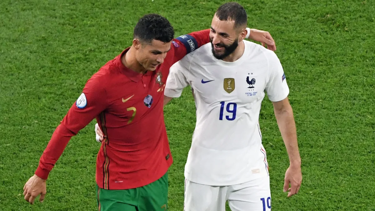 Cristiano Ronaldo and Karim Benzema playing for Portugal and France.