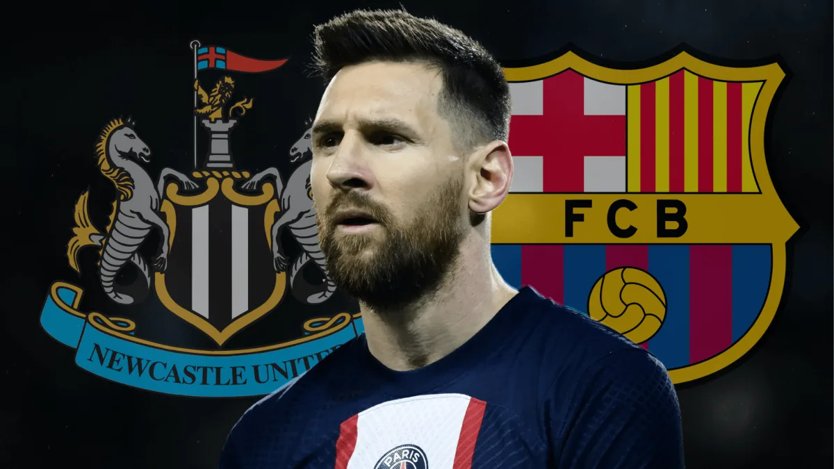 Lionel Messi of PSG with the Newcastle and Barcelona badges