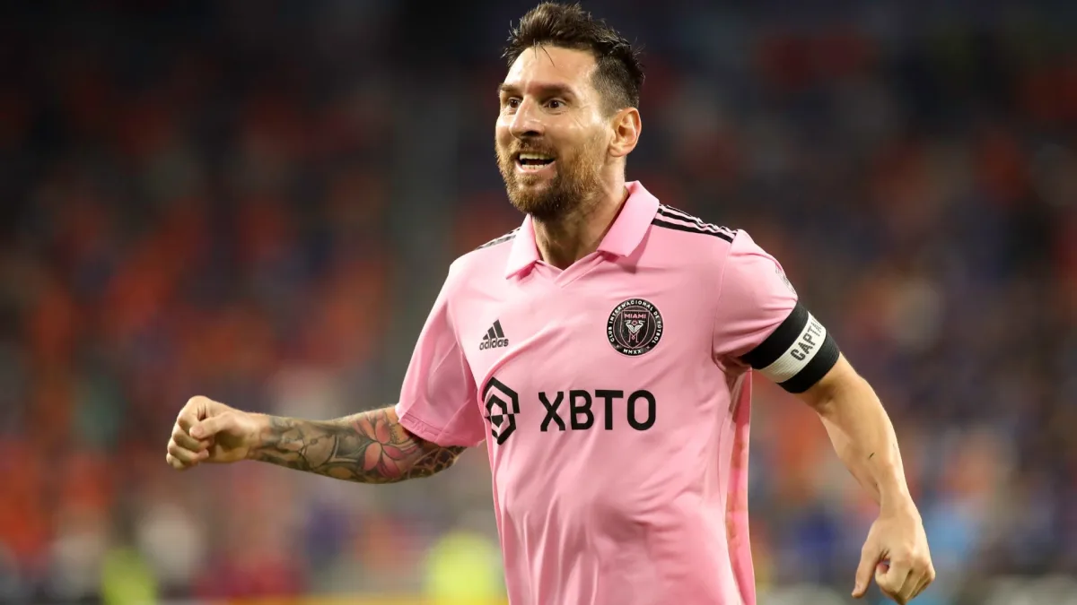 Lionel Messi celebrates for Inter Miami in a US Open Cup match with Cincinnati, 2023