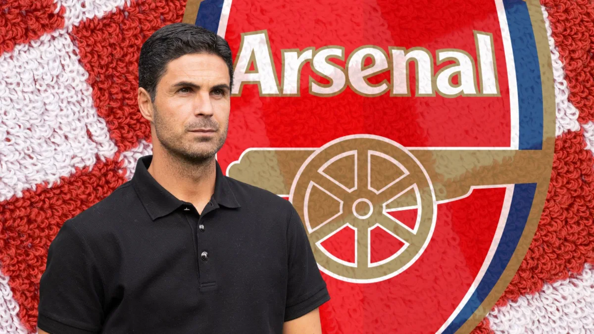 Mikel Arteta and the Arsenal badge in front of a red and white checked background